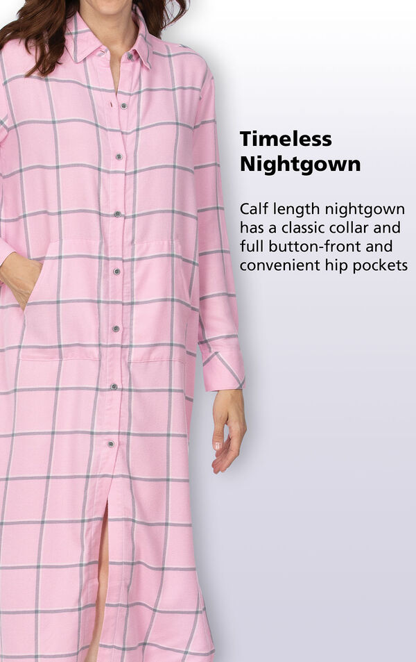 Calf length nightgown has a classic collar and full button-front and convenient kangaroo pockets image number 3
