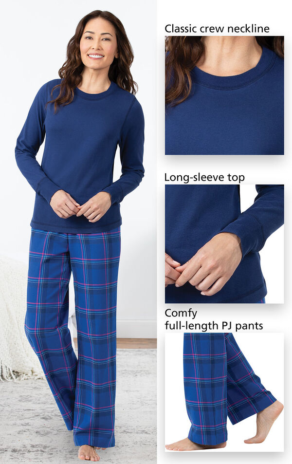Close-ups of the features of Indigo Plaid Jersey-Top Flannel Pajamas which include a classic crew neckline, long-sleeve top and comfy full-length PJ pants image number 3