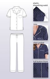 Navy Blue and White Polka Dot Short Sleeve Button-Front PJ for Women features an Elastic, drawstring waist, Trim, Chest Pocket, Full button-front image number 7