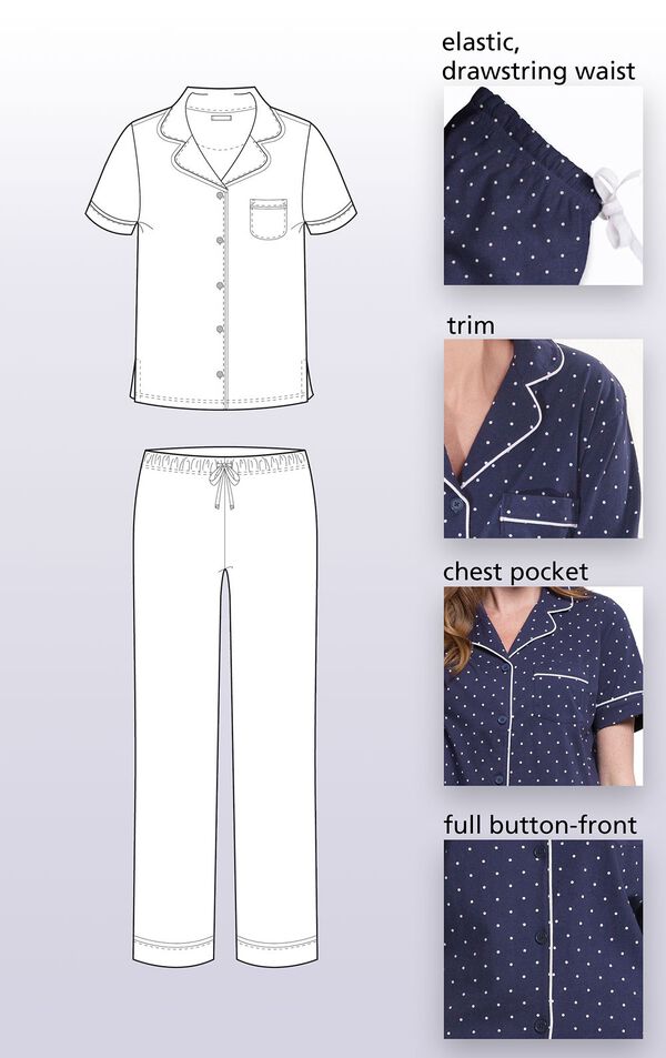 Navy Blue and White Polka Dot Short Sleeve Button-Front PJ for Women features an Elastic, drawstring waist, Trim, Chest Pocket, Full button-front