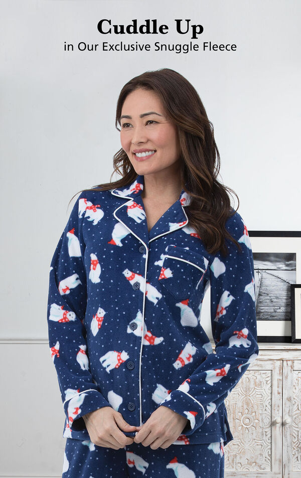 Model wearing Blue with Polar Bear Print Polar Bear Fleece Women's Pajamas with the following copy: Cuddle Up in our Exclusive Snuggle Fleece image number 3
