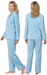 Model wearing Blue Stripe Margaritaville Button-Front PJ for Women, facing away from the camera and then to the side image number 1