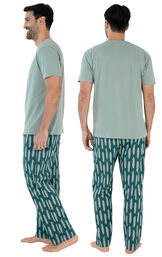 Model wearing Teal Surfboard Print Margaritaville PJ with Graphic Tee for Men, facing away from the camera and then to the side image number 1