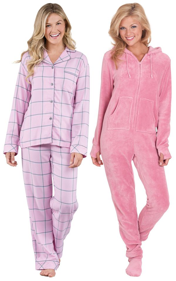 Models wearing World's Softest Flannel Boyfriend Pajamas - Pink and Hoodie-Footie - Pink. image number 0