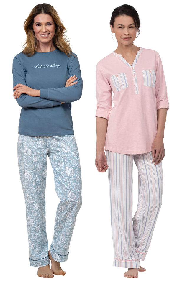 Models wearing "Let Me Sleep" Pajamas and Soft Stripe Henley Pajamas image number 0