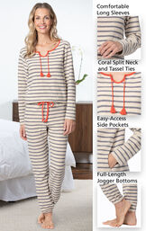 Close-ups of the features of Seeing Stripes PJs, which include comfortable long sleeves, coral split neck and tassel ties, easy-access side pockets and full-length jogger bottoms image number 3