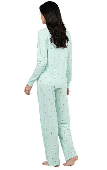 Model wearing Whisper Knit Henley Pajamas - Aqua Llamas, facing away from the camera