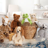 15" Buddy Giraffe - Group image of seated plush green slim frog in a basket with Buddy Sloth, Buddy Kitten, Buddy Puppy, Buddy Giraffe, and Buddy Bear image number 8