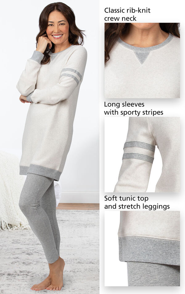 Close-ups of the features of Sporty Sweatshirt and Leggings PJ Set - Ivory/Gray which include a classic rib-knit crew neck, long sleeves with sporty stripes and soft tunic top and stretch leggings image number 3
