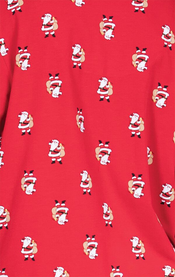 Close Up of Allover Santa Print on Red St. Nick Boyfriend Pajamas