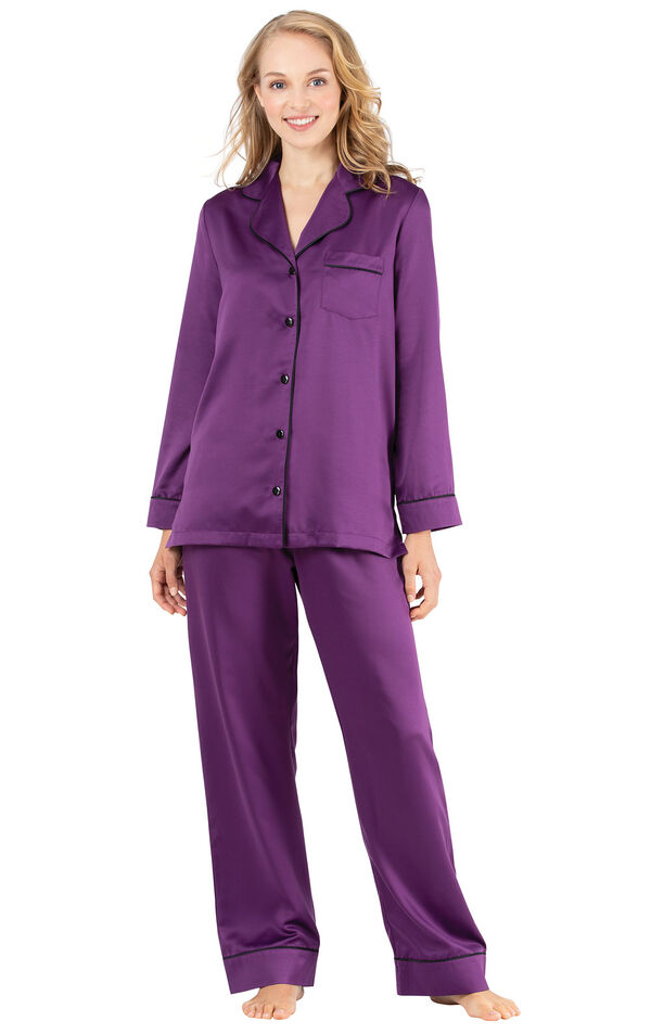 Model wearing Purple Satin Button-Front PJ with Contrast Piping for Women image number 1
