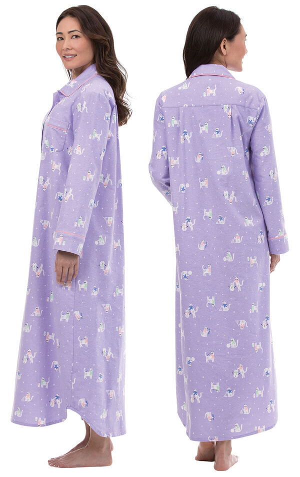 Model wearing Purple Purrfect Flannel Nighty, facing away from the camera and then facing to the side image number 1