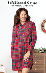 Model wearing Stewart Plaid Flannel Sleepshirt by dresser with the following copy: Soft Flannel Gowns in Beautiful Classic Plaid image number 2