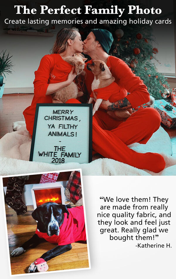Photo of Couple and Pets wearing Red Dropseat PJs with the following copy: The Perfect Family Photo - Create lasting memories and amazing holiday cards. Customer Quote: We love them! They are made from really nice quality fabric and they look and feel just great image number 1