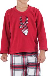 Close-up of Red Fleece Top with Deer Applique on Fireside Fleece Boys' Pajamas image number 3