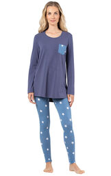 Model wearing Long Sleeve and Legging Pajamas - Navy Stars image number 0