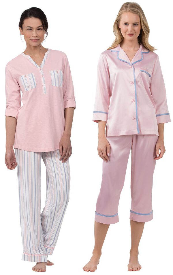 Models wearing Soft Stripe Henley Pajamas and Dreamy Satin Capri Pajamas. image number 0