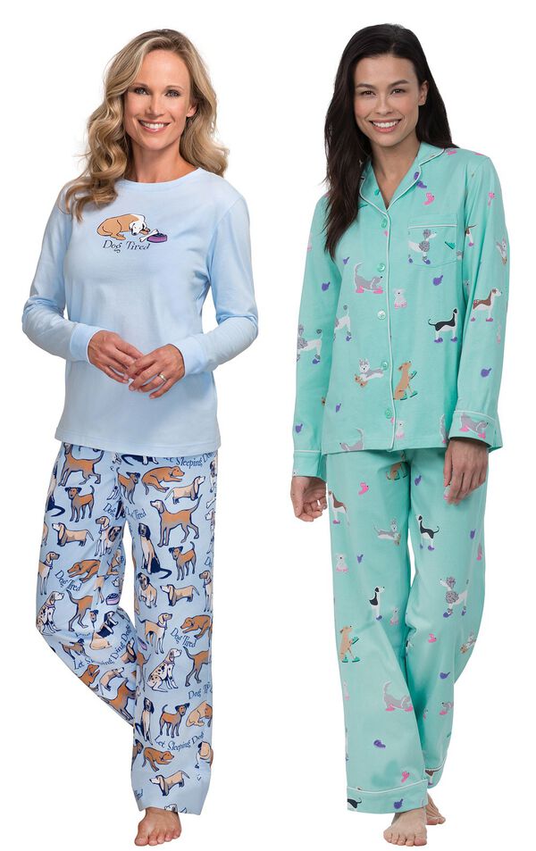 Models wearing Dog Tired Jersey-Top Flannel Pajamas and Doggy Dreams Boyfriend Pajamas. image number 0