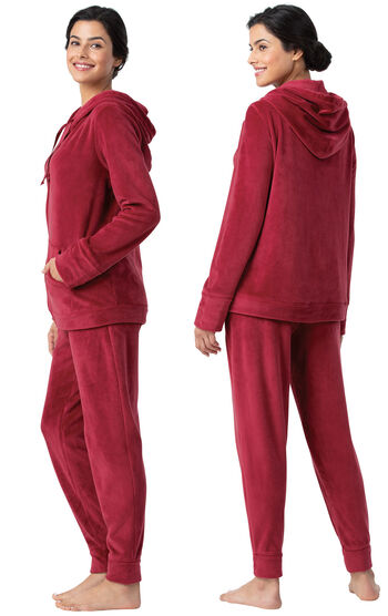 Model wearing Deep Red Zip Front Hoodie Pajamas, facing away from the camera and then facing to the side