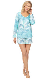 Model wearing Blue Palm Margaritaville Long Sleeve Short Set for Women image number 0