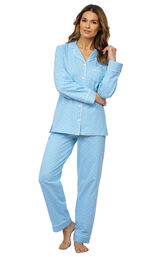 Model wearing Blue with White Polka Dots Button-Front PJ for Women image number 1