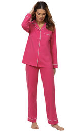 Model wearing solid jersey boyfriend pajamas in bold pink image number 0