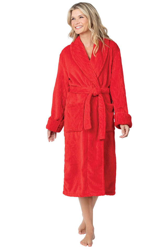 Model wearing Red Cable Embossed Fleece Wrap Robe for Women image number 0