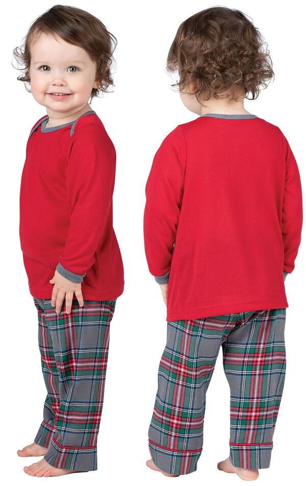 Model wearing Gray Plaid PJ for Infants, facing away from the camera and then facing to the side