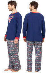 Model wearing Red and Blue Justice League PJ for Men, facing away from the camera and then to the side image number 1