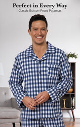 Model wearing Blue Gingham Button-Front PJ for Men with the following copy: Perfect in Every Way image number 2