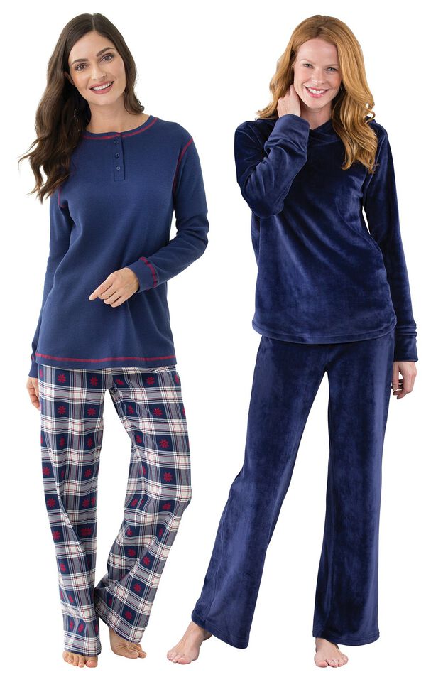 Models wearing Tempting Touch PJs - Midnight Blue and Snowfall Plaid Pajamas. image number 0