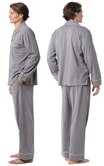 Model wearing Charcoal Gray and White Stripe Button-Front PJ for Men, facing away from the camera and then to the side