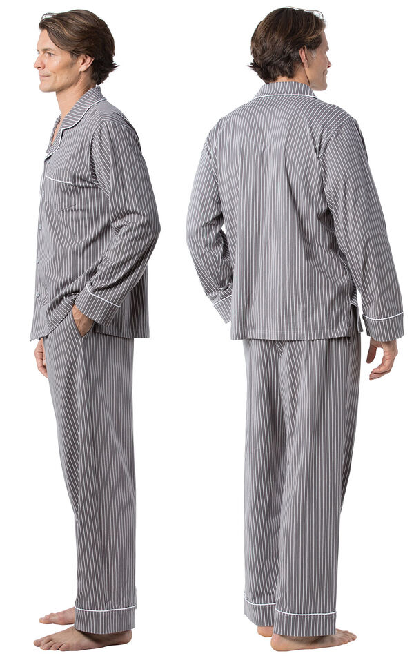 Model wearing Charcoal Gray and White Stripe Button-Front PJ for Men, facing away from the camera and then to the side image number 1