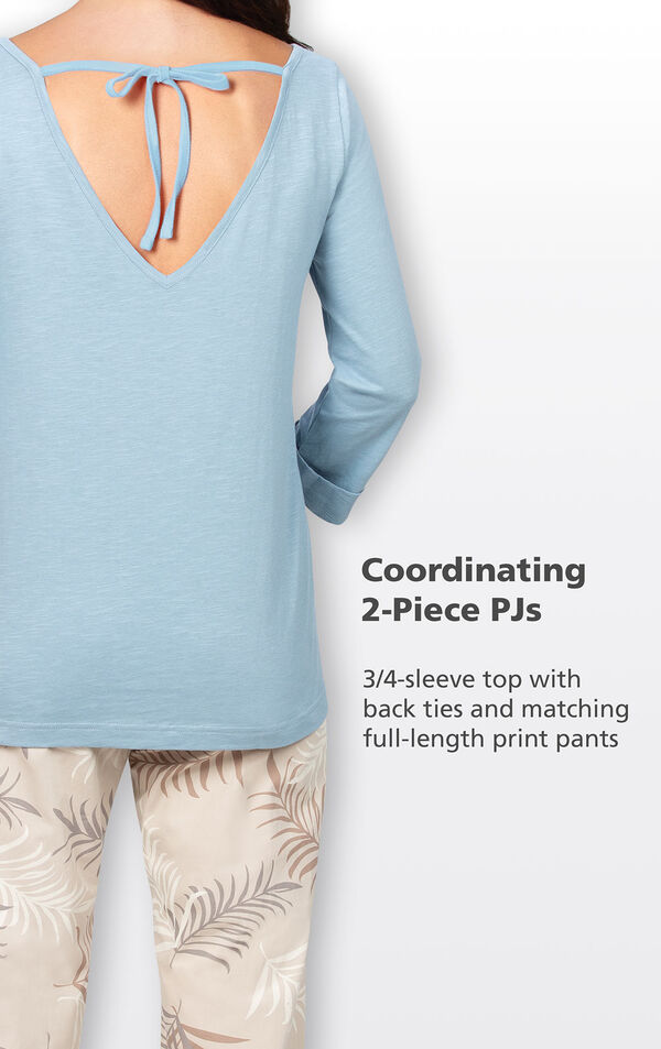 Solid light blue 3/4-sleeve top with back ties and matching full-length print pants image number 3