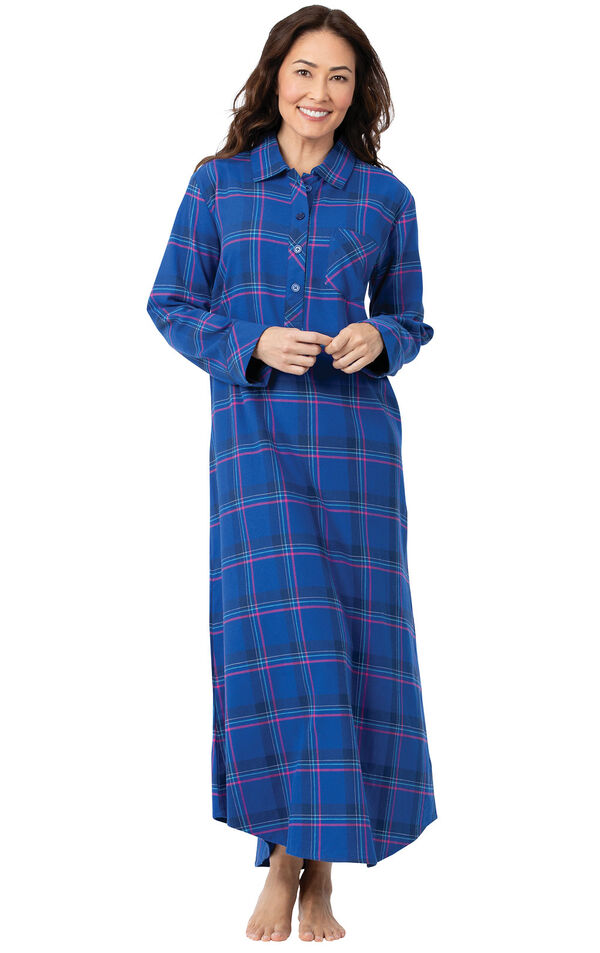 Model wearing Indigo Plaid Flannel Gown for Women image number 0