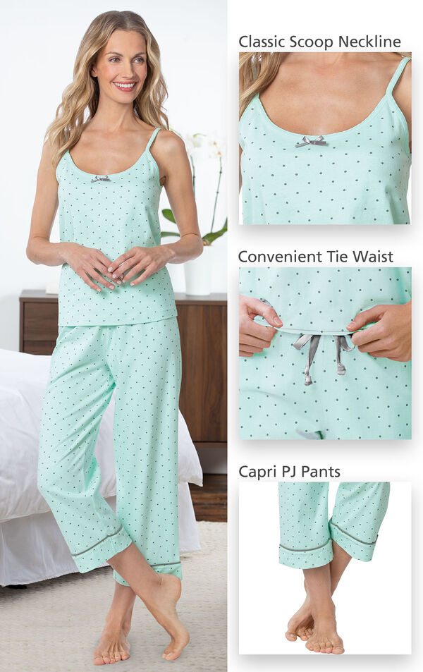Mint and Gray Polka Dot Cami PJ for Women have a classic Scoop neckline, convenient tie waist and capri PJ pants image number 4