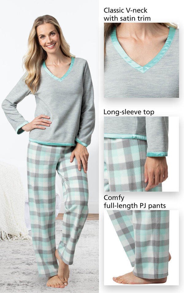 Close-ups of the features of Snuggle Fleece Plaid Pajamas - Aqua which include a classic V-neck with satin trim, long-sleeve top and comfy full-length PJ pants image number 3