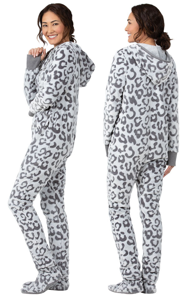 Model wearing Hoodie-Footie - Embossed Leopard Fleece for Women, facing away from the camera and then to the side