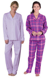 Models wearing Classic Polka-Dot Boyfriend Pajamas - Lavender and Raspberry Plaid Boyfriend Flannel Pajamas. image number 0