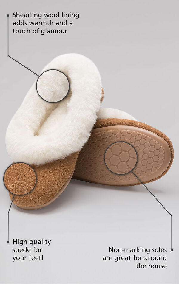 Details of the slippers highlighted which include a shearling wool lining that adds warmth and a touch of glamour, high quality suede for your feet and non-marking soles that are great for around the house image number 1