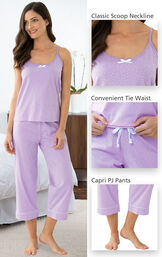 Close-ups of the features of Oh-So-Soft Pin Dot Capri Pajamas - Lavender which include a classic scoop neckline, convenient tie waist and capri PJ Pants image number 4