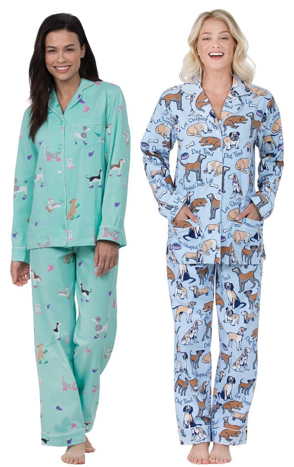 Models wearing Doggy Dreams Boyfriend Pajamas and Dog Tired Boyfriend Flannel Pajamas. image number 0