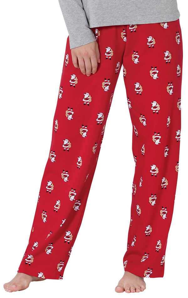 Close-up of full-length red pants with santa print image number 4