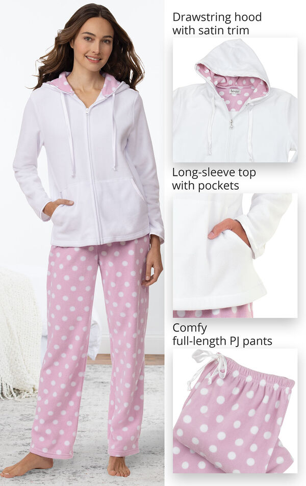 Close-ups of Snuggle Fleece Hoodie Pajamas details which include a drawstring hood with satin trim, long-sleeve top with pockets and comfy full-length PJ pants image number 4