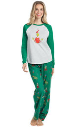 Model wearing Green and Gray Grinch PJ for Women