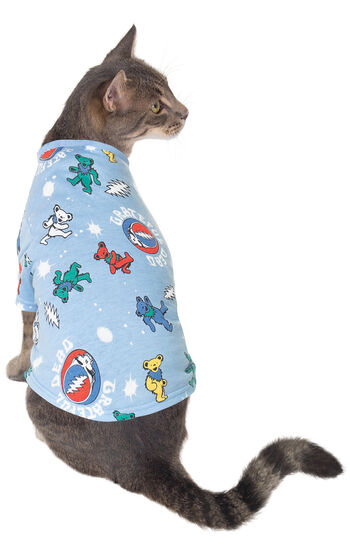 Cat wearing Grateful Dead Cat Pajamas, facing away from the camera