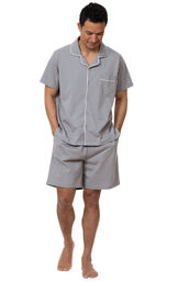 Model wearing Model wearing Gray Stripe Short Sleeve Button-Front Short Set for Men image number 0