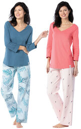 Models wearing Margaritaville Tropical Dreams Pajamas - Pink and Margaritaville Tropical Dreams Pajamas - Blue. image number 0