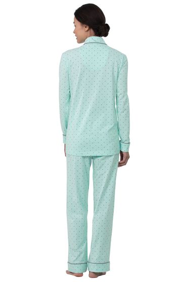 Model wearing Mint and Gray Polka Dot Button-Front PJ for Women, facing away from the camera