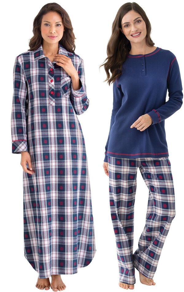 Models wearing Snowfall Plaid Nighty and Snowfall Plaid Pajamas. image number 0